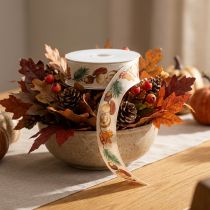 Artikel Decoratief lint met paddenstoel- en herfstbladmotief, 25 mm breed, 18 m lang
