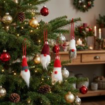 Artikel Kabouter met puntmuts om op te hangen, rood, wit, grijs, L10–12cm, 12 stuks