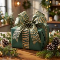 Artikel Decoratief lint van chiffon in groen/goud, 25 mm breed, 15 m lang - ideaal voor cadeauverpakking
