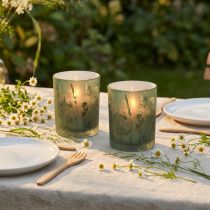 Artikel Decoratieve glazen lantaarn groen wit motief weide H12,5cm 2 stuks