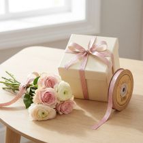 Artikel Zijdelint blaadjes cadeaulint beige roze 10mm 20m