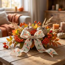 Artikel Cadeaulint, herfstdesign met rozenbottels en bladeren, 40 mm x 18 m