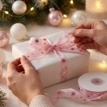 Artikel Lint Kerstcadeaulint roze sterpatroon 15mm 20m