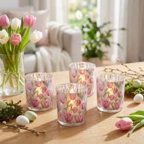 Artikel Decoratieve glazen lantaarn met tulpmotief voor een lenteachtige sfeer in huis, 8 cm, 4 stuks.