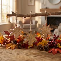 Artikel Esdoornblad houtdecoratie herfstgroen roodbruin H10cm 6 stuks
