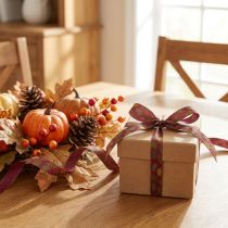 Artikel Cadeaulint herfststof lint met eikenbladeren Bordeaux groen 15mm 18m