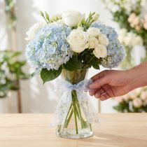 Artikel Organza lint met bloemen, blauw, decoratief lint, organza stof, 40 mm breed, 15 m lang