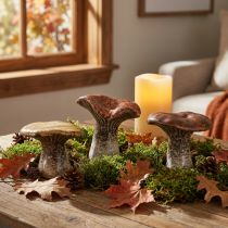 Artikel Op de natuur geïnspireerde decoratieve paddestoelfiguren - Verschillende tinten bruin, 6 cm - Charmante accenten voor tuin en huis, pakket van 3