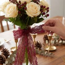 Artikel Kanten lint met bloemen, decoratief lint, bordeauxrood, 25 mm breed, 25 m lang