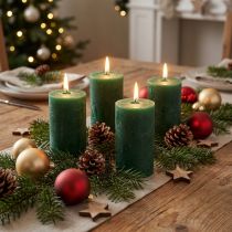 Artikel Donkergroene pilaarkaarsen 70x120mm, set van 4, door en door gekleurd, lange brandduur, kerstdecoratie en tafeldecoratie