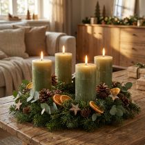 Artikel Olijfgroene pilaarkaarsen in effen kleur, 60×100 mm, set van 4, landelijke stijl, boho, Advent