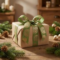 Artikel Cadeaulint met gouden rozen Groen sieradenlint 25mm 15m