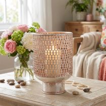 Artikel Lantaarn metalen kandelaar glas zilver roze Ø18cm H27cm