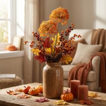Artikel Decoratietak kunsttak herfstdecoratie 2 bloeiwijzen oranje 82cm