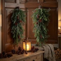 Artikel Kunstmatige kersttakken om op te hangen, dennentakdecoratie, cipressentakken met dennenappels, deurkrans, wanddecoratie, raamdecoratie, kunststof, duurzaam, 60cm