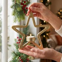 Artikel Decoratieve ster theelichthouder om op te hangen metaal goud 20cm