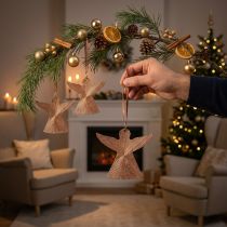 Artikel Engelen om op te hangen, Adventsdecoraties, metalen decoraties koperkleurig 9 × 10cm 3st