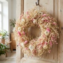 Artikel Decoratieve krans, haverkrans, natuurlijke krans, strobloemen, roze, Ø29cm