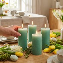 Artikel Pilaarkaarsen, effen lichtgroene jade, 70×100mm, 4 stuks - Hoogwaardige decoratieve kaarsen voor tafeldecoraties, Pasen, bruiloften