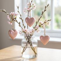 Artikel Decoratieve hanger hout houten harten decoratie lichtroze glanzend 6cm 8 st