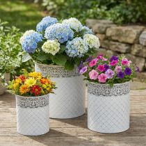 Artikel Bloempot met kantpatroon, metalen container, decoratieve emmer, wit, zilver, shabby chic, H28/25,5/23,5 cm, Ø29,5/25,5/20 cm, set van 3