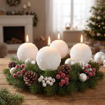 Artikel Adventskaarsen, sneeuwbalmotief, Ø80mm witte bolkaarsen, set van 4, kerstversiering, wintermagie