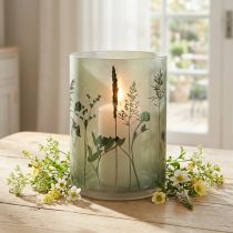 Artikel Lantaarn groot decoratief glas in witgroen motief weide H24cm