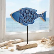 Artikel Maritieme decoratieve houten vis op standaard blauw 25cm x 24,5cm