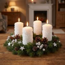 Artikel Adventskaarsenset, sneeuwbalmotief, wit – stompkaarsen 100/60mm voor adventskrans & kerstversiering, verpakking van 4