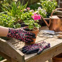 Artikel Kixx tuinhandschoenen, zwart met roze bloemen, maat 8