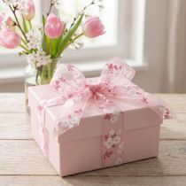 Artikel Organzalint roze met bloemen cadeaulint 20mm 20m