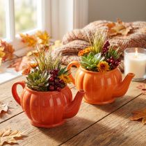 Artikel Keramische plantenpot theepot oranje assorti 21,5×13×10cm 2 stuks