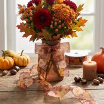 Artikel Cadeaulint in herfstkleuren, organza lint met bloemenpatroon, 40 mm, 15 m