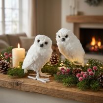 Artikel Decoratieve sneeuwuil, wit met vacht en veren, 15,5 cm, 2 stuks