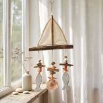 Artikel Windgong zeilschip decoratie vis hout wit natuurlijk H56cm
