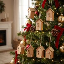 Artikel Decoratief huis 9 stuks kerstboomversiering roodbruin hout
