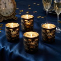 Artikel Set van 6 glazen lantaarns, zwart en goud, vuurwerkontwerp, feestelijke decoratie, 9 cm