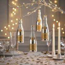 Artikel Champagnefles om oudejaarsdecoratie op te hangen zilver 13cm 5 st
