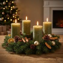 Artikel Effen olijfgroene pilaarkaarsen 60×80mm, verpakking van 4, voor decoratie &amp; Advent