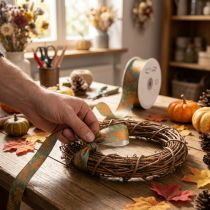 Artikel Decoratief lint met bladmotief, herfstdecoratie, 40 mm x 15 m