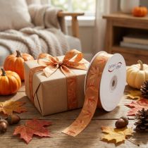 Artikel Cadeaulint met herfstbladeren voor creatieve verpakkingen, 25 mm breed, 18 m lang.