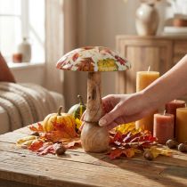 Artikel Houten paddestoel deco herfstbladeren wit, kleurrijke herfstdecoratie Ø13cm H19cm