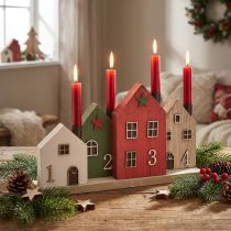 Artikel Kaarsenhouder Adventskrans stokkaarsen huisjes 35cm H20cm