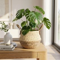 Artikel Zeegrasmand Tweekleurig met handvatten - Opberg- en plantmand - Natuurlijk &amp; Bruin Ø25cm H24cm