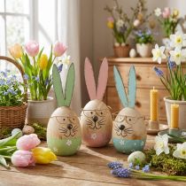 Artikel Paashaas met bril decoratief figuur houten ei Ø5cm H13.5cm 3st