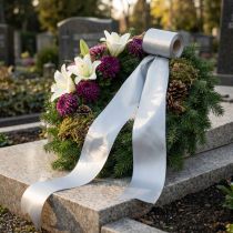 Artikel Satijnen kranslint, zilverkleurig, 100 mm breed, 25 m lang, voor rouwkransen, herdenkingskransen en jubilea, weerbestendig en composteerbaar.