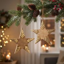 Artikel Ster mangohout naturel, gouden houten ster groot om op te hangen 25cm 2st