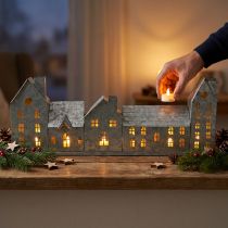 Artikel Rij huizen, metalen decoratie voor verlichting, adventsdecoratie, zilveren lantaarn L52cm H20cm