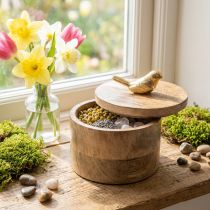 Artikel Sieradendoos met vogel, veer, decodoos van mangohout, echt hout naturel, goudkleurig H11cm Ø12cm
