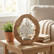Artikel Deco sculptuur boom in een houten ring tafeldecoratie om te plaatsen 22×21×4cm